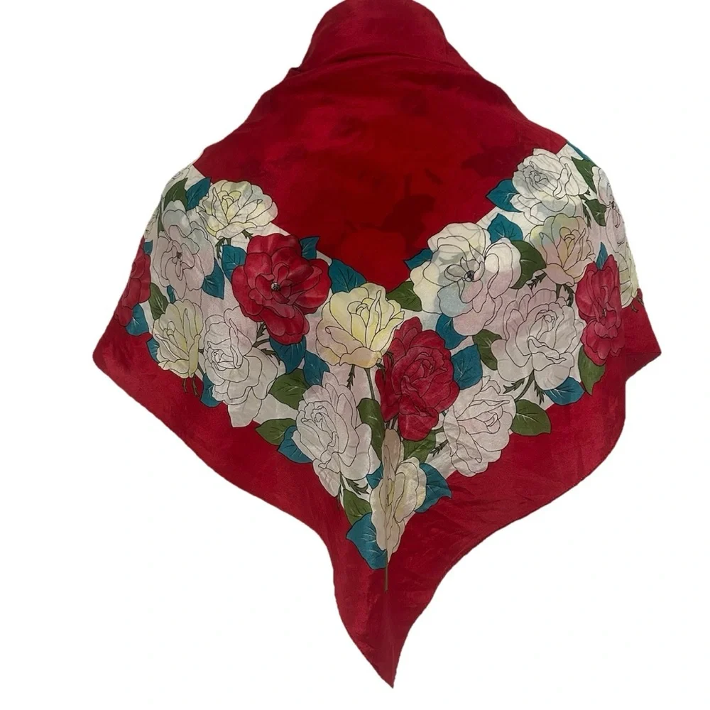 Oscar de la Renta Signed Silk Square Floral Scarf Red 30x29